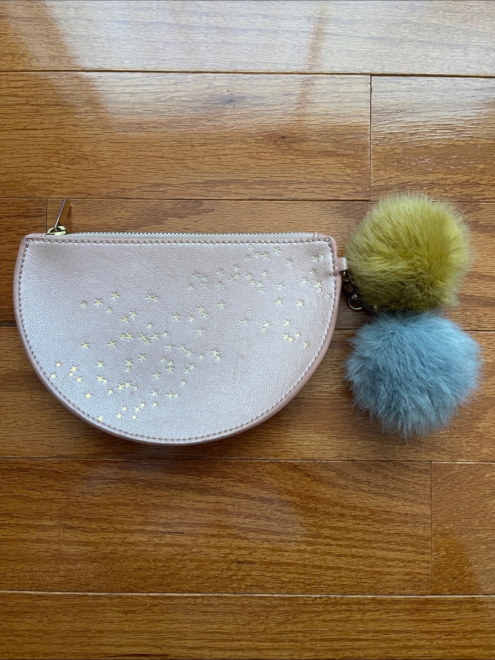 Anthropologie Pink Half-Moon Wallet with Gold Star Accents and Pom-Poms